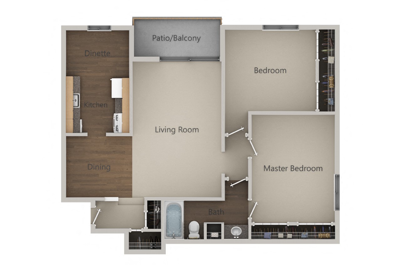 Floor plan for 2 beds, 1 bath, 984 sqft